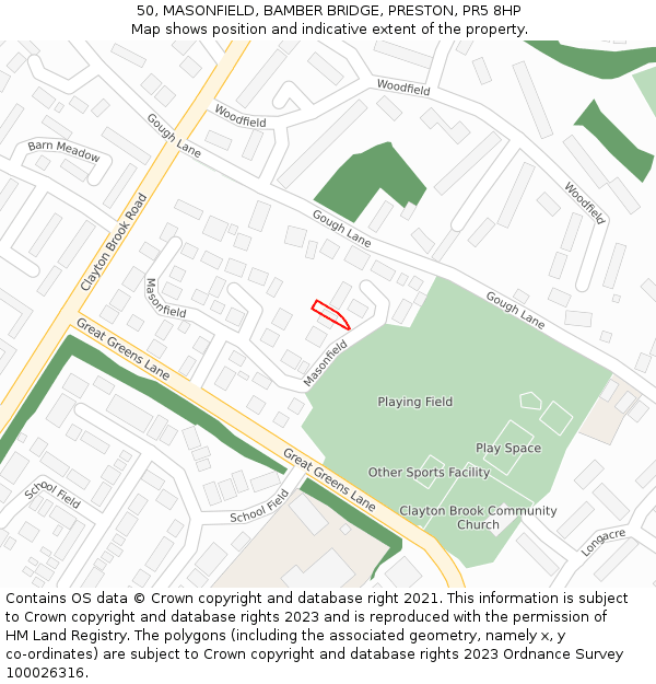50, MASONFIELD, BAMBER BRIDGE, PRESTON, PR5 8HP: Location map and indicative extent of plot