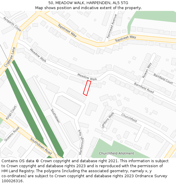 50, MEADOW WALK, HARPENDEN, AL5 5TG: Location map and indicative extent of plot