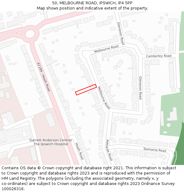 50, MELBOURNE ROAD, IPSWICH, IP4 5PP: Location map and indicative extent of plot