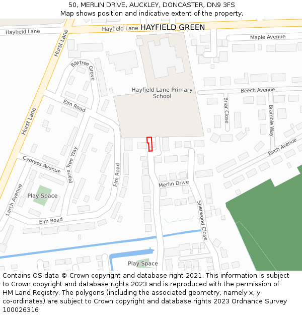 50, MERLIN DRIVE, AUCKLEY, DONCASTER, DN9 3FS: Location map and indicative extent of plot