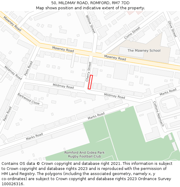 50, MILDMAY ROAD, ROMFORD, RM7 7DD: Location map and indicative extent of plot