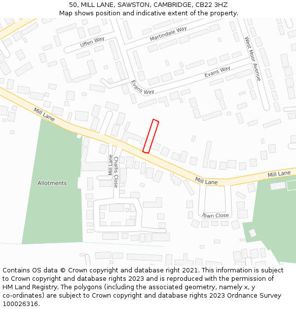 50, MILL LANE, SAWSTON, CAMBRIDGE, CB22 3HZ: Location map and indicative extent of plot