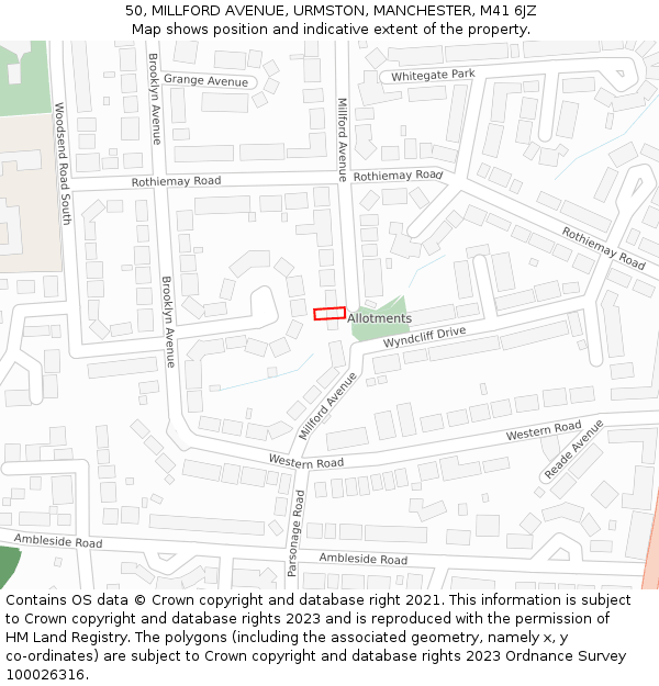 50, MILLFORD AVENUE, URMSTON, MANCHESTER, M41 6JZ: Location map and indicative extent of plot