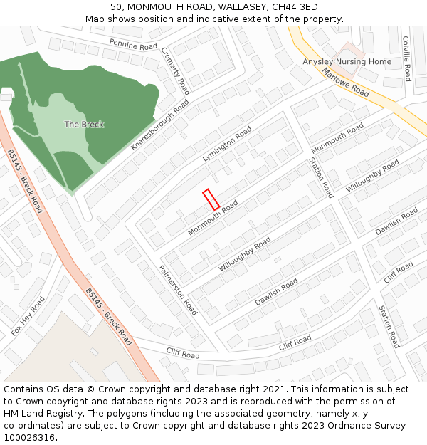 50, MONMOUTH ROAD, WALLASEY, CH44 3ED: Location map and indicative extent of plot