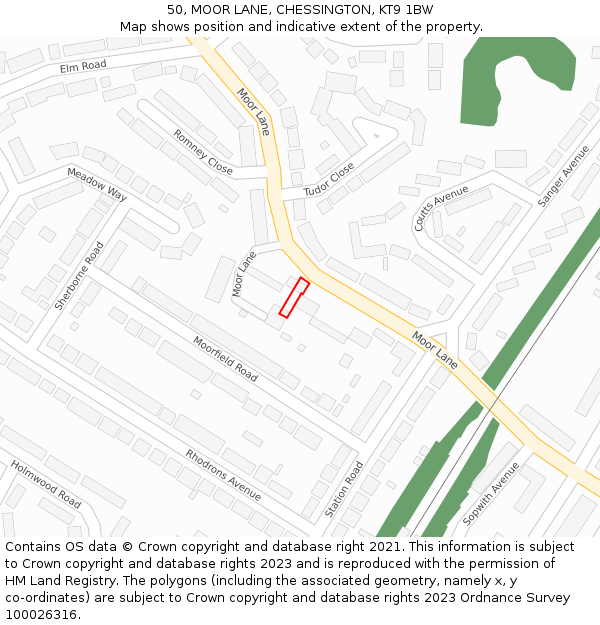 50, MOOR LANE, CHESSINGTON, KT9 1BW: Location map and indicative extent of plot