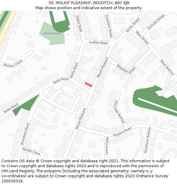 50, MOUNT PLEASANT, REDDITCH, B97 4JB: Location map and indicative extent of plot