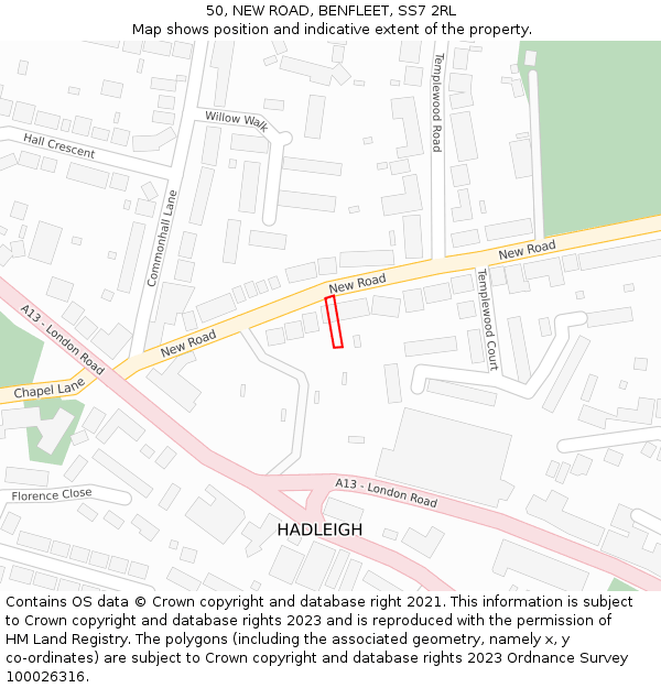 50, NEW ROAD, BENFLEET, SS7 2RL: Location map and indicative extent of plot