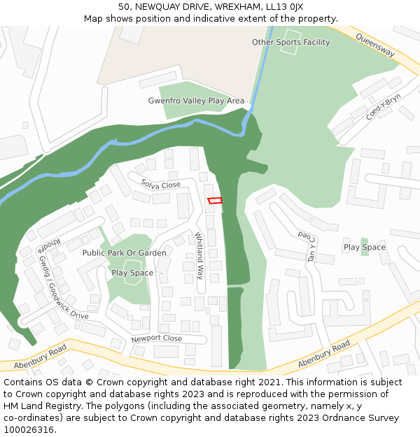 50, NEWQUAY DRIVE, WREXHAM, LL13 0JX: Location map and indicative extent of plot