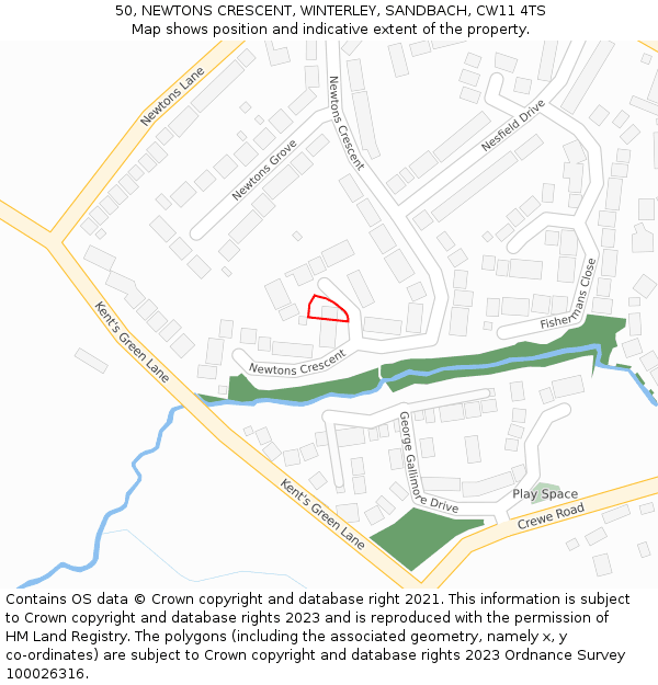 50, NEWTONS CRESCENT, WINTERLEY, SANDBACH, CW11 4TS: Location map and indicative extent of plot