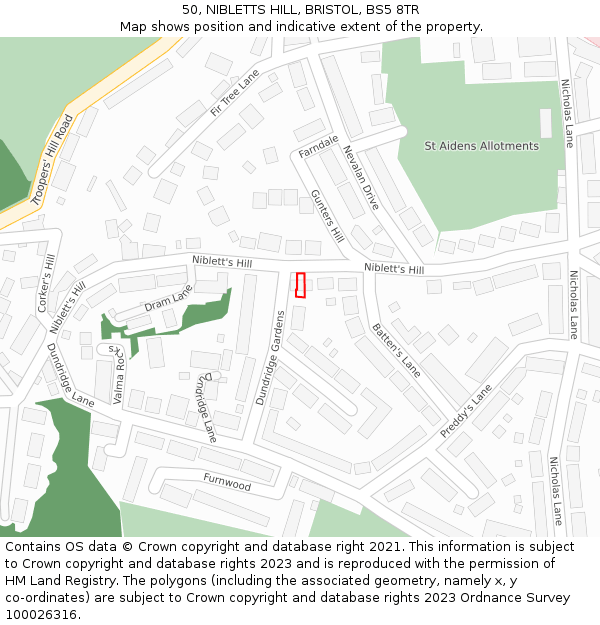 50, NIBLETTS HILL, BRISTOL, BS5 8TR: Location map and indicative extent of plot