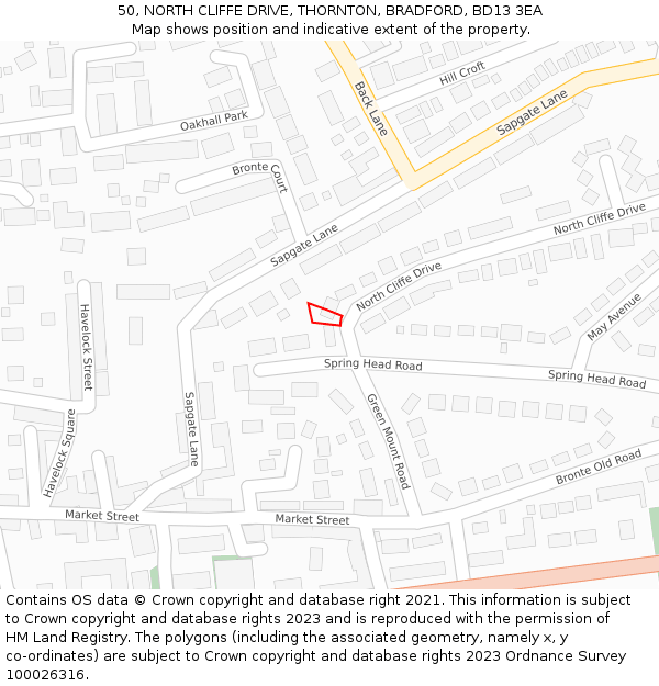 50, NORTH CLIFFE DRIVE, THORNTON, BRADFORD, BD13 3EA: Location map and indicative extent of plot