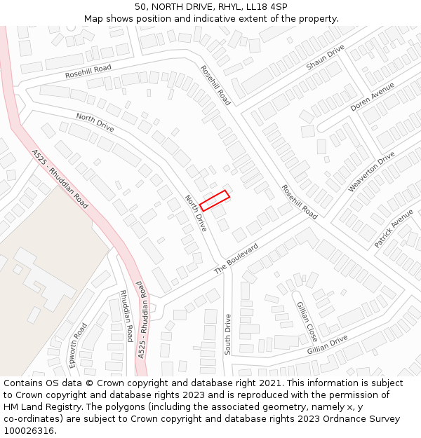 50, NORTH DRIVE, RHYL, LL18 4SP: Location map and indicative extent of plot