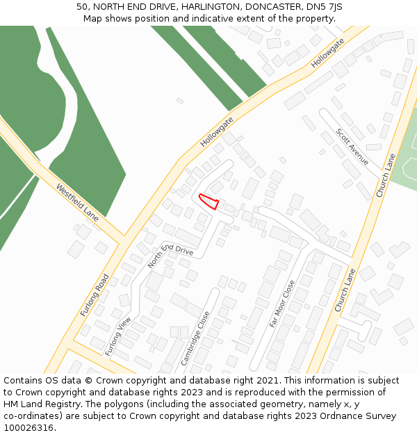 50, NORTH END DRIVE, HARLINGTON, DONCASTER, DN5 7JS: Location map and indicative extent of plot