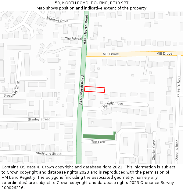 50, NORTH ROAD, BOURNE, PE10 9BT: Location map and indicative extent of plot