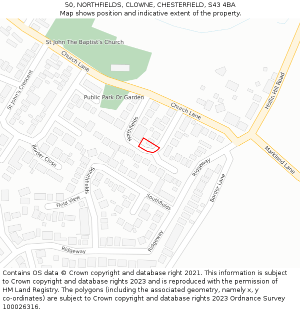50, NORTHFIELDS, CLOWNE, CHESTERFIELD, S43 4BA: Location map and indicative extent of plot