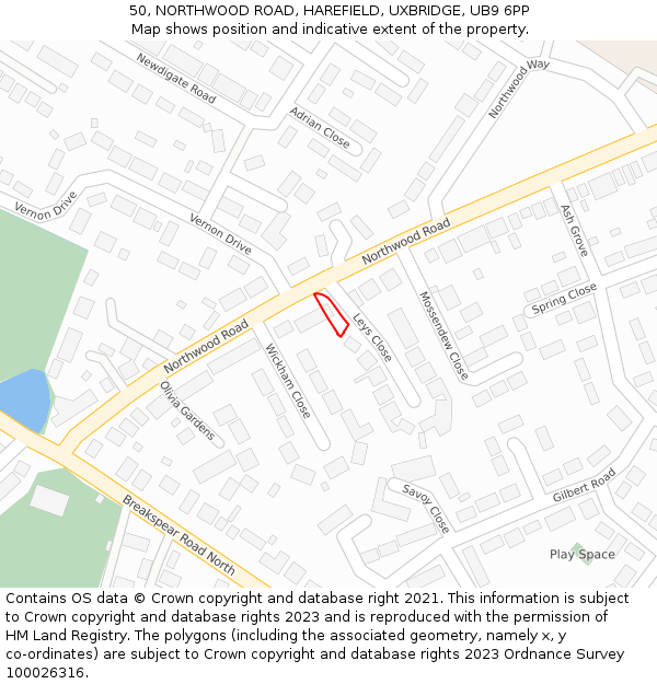 50, NORTHWOOD ROAD, HAREFIELD, UXBRIDGE, UB9 6PP: Location map and indicative extent of plot