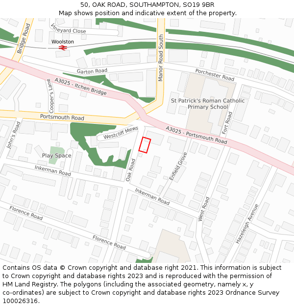 50, OAK ROAD, SOUTHAMPTON, SO19 9BR: Location map and indicative extent of plot