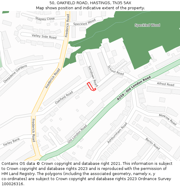 50, OAKFIELD ROAD, HASTINGS, TN35 5AX: Location map and indicative extent of plot