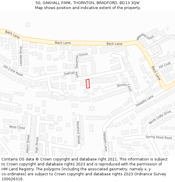 50, OAKHALL PARK, THORNTON, BRADFORD, BD13 3QW: Location map and indicative extent of plot