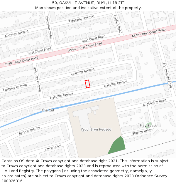 50, OAKVILLE AVENUE, RHYL, LL18 3TF: Location map and indicative extent of plot