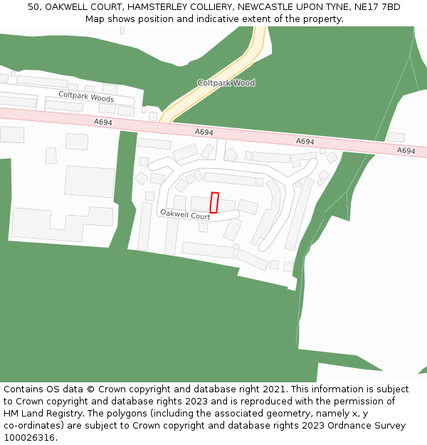 50, OAKWELL COURT, HAMSTERLEY COLLIERY, NEWCASTLE UPON TYNE, NE17 7BD: Location map and indicative extent of plot