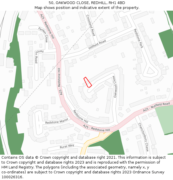 50, OAKWOOD CLOSE, REDHILL, RH1 4BD: Location map and indicative extent of plot