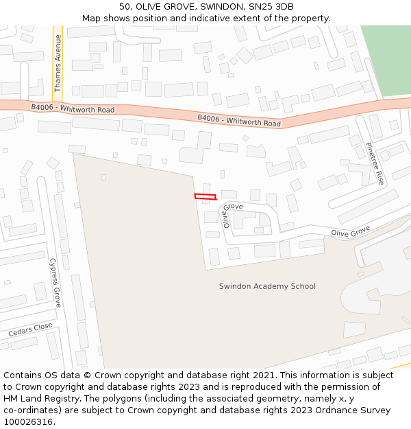 50, OLIVE GROVE, SWINDON, SN25 3DB: Location map and indicative extent of plot