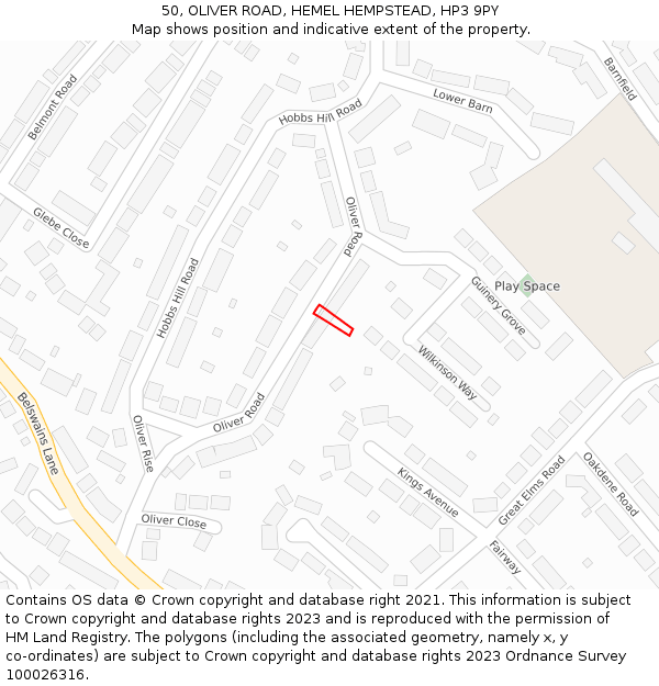 50, OLIVER ROAD, HEMEL HEMPSTEAD, HP3 9PY: Location map and indicative extent of plot