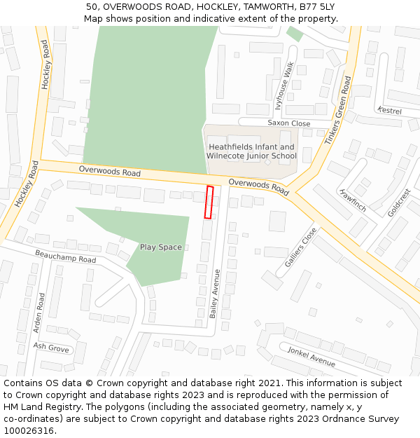 50, OVERWOODS ROAD, HOCKLEY, TAMWORTH, B77 5LY: Location map and indicative extent of plot