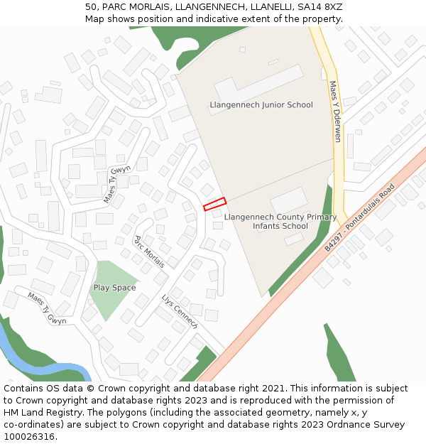 50, PARC MORLAIS, LLANGENNECH, LLANELLI, SA14 8XZ: Location map and indicative extent of plot