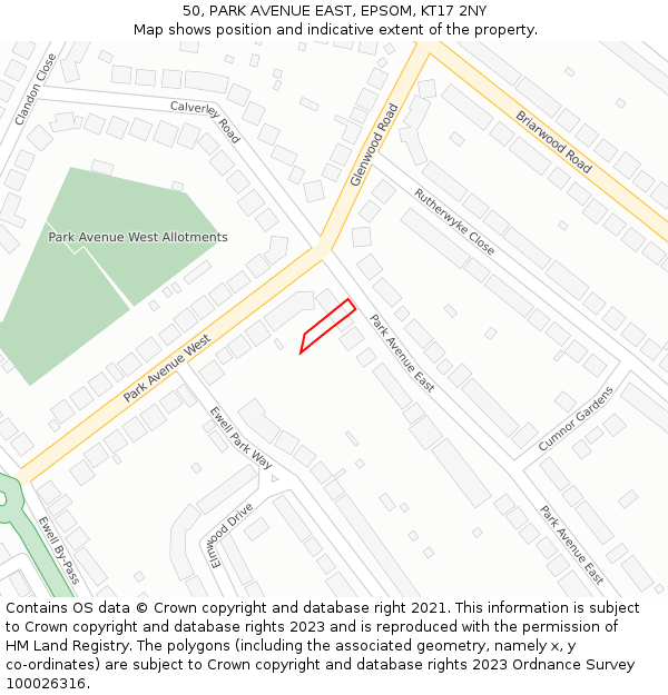 50, PARK AVENUE EAST, EPSOM, KT17 2NY: Location map and indicative extent of plot