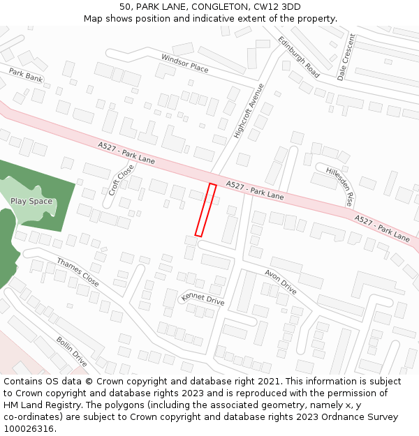 50, PARK LANE, CONGLETON, CW12 3DD: Location map and indicative extent of plot