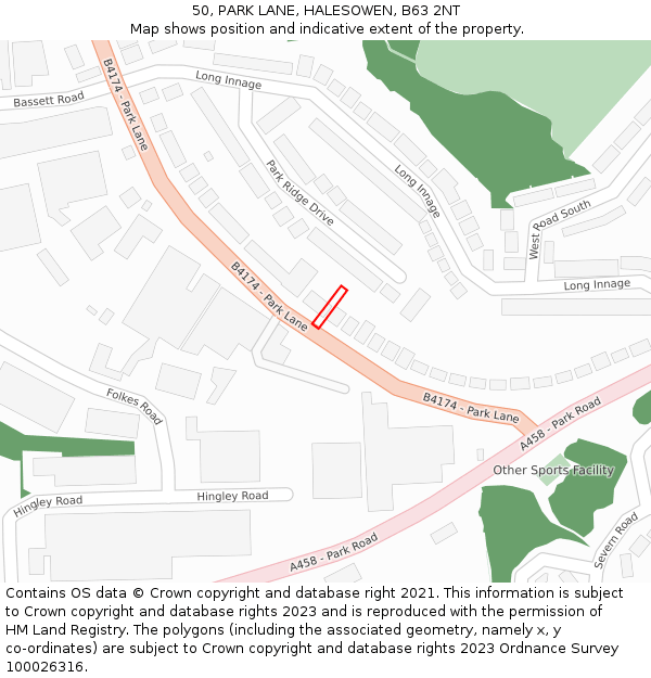 50, PARK LANE, HALESOWEN, B63 2NT: Location map and indicative extent of plot