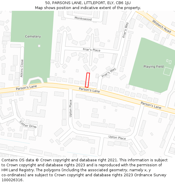 50, PARSONS LANE, LITTLEPORT, ELY, CB6 1JU: Location map and indicative extent of plot