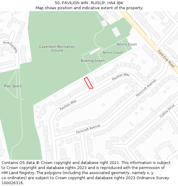 50, PAVILION WAY, RUISLIP, HA4 9JW: Location map and indicative extent of plot