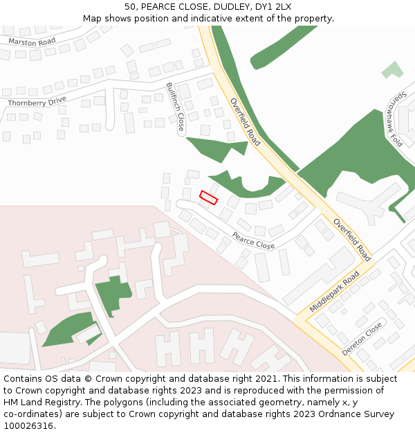 50, PEARCE CLOSE, DUDLEY, DY1 2LX: Location map and indicative extent of plot