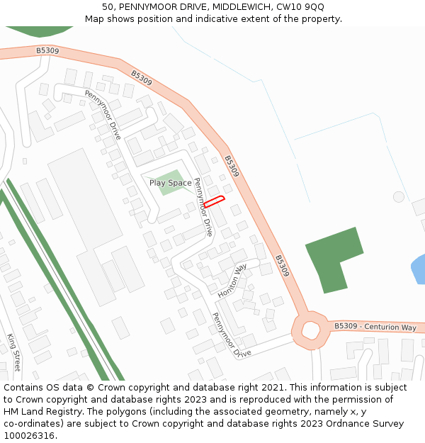 50, PENNYMOOR DRIVE, MIDDLEWICH, CW10 9QQ: Location map and indicative extent of plot