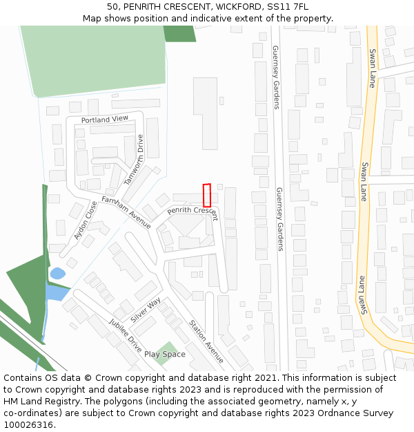 50, PENRITH CRESCENT, WICKFORD, SS11 7FL: Location map and indicative extent of plot