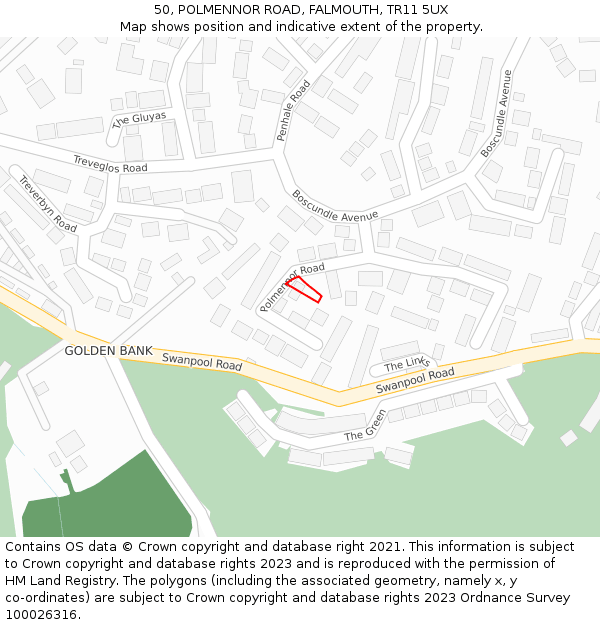 50, POLMENNOR ROAD, FALMOUTH, TR11 5UX: Location map and indicative extent of plot