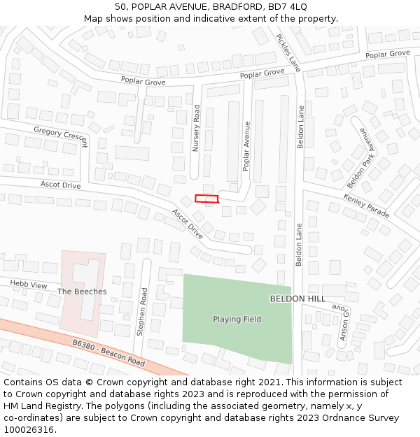 50, POPLAR AVENUE, BRADFORD, BD7 4LQ: Location map and indicative extent of plot