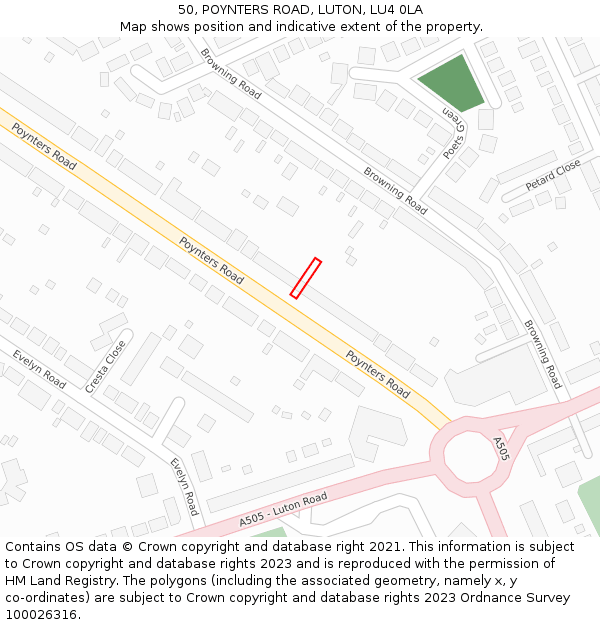 50, POYNTERS ROAD, LUTON, LU4 0LA: Location map and indicative extent of plot