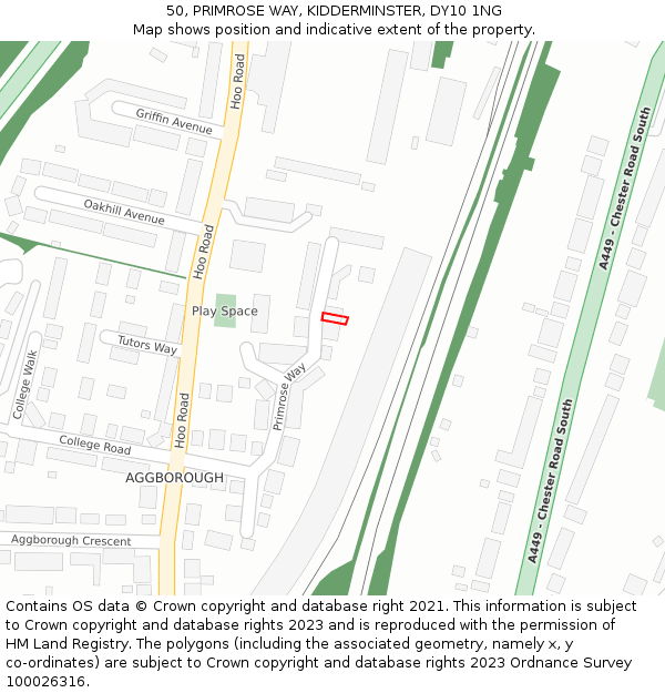 50, PRIMROSE WAY, KIDDERMINSTER, DY10 1NG: Location map and indicative extent of plot