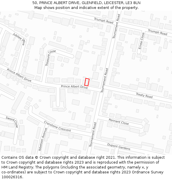 50, PRINCE ALBERT DRIVE, GLENFIELD, LEICESTER, LE3 8LN: Location map and indicative extent of plot