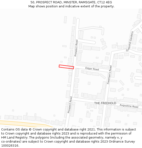 50, PROSPECT ROAD, MINSTER, RAMSGATE, CT12 4EG: Location map and indicative extent of plot