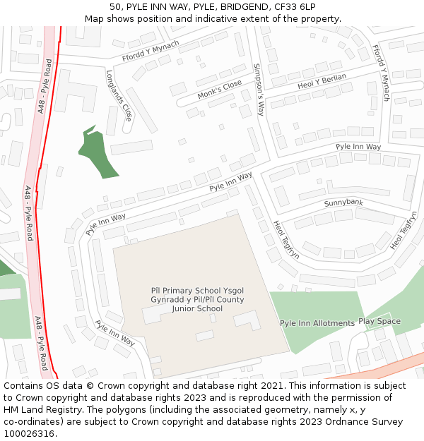 50, PYLE INN WAY, PYLE, BRIDGEND, CF33 6LP: Location map and indicative extent of plot