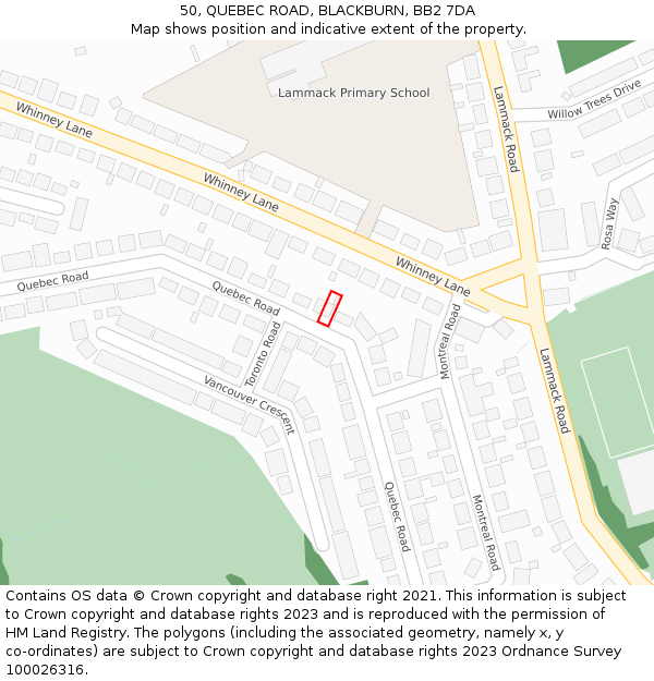 50, QUEBEC ROAD, BLACKBURN, BB2 7DA: Location map and indicative extent of plot