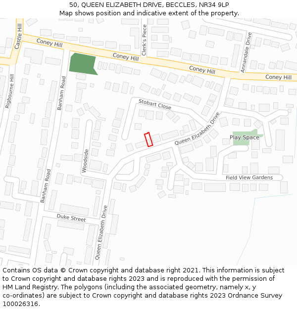 50, QUEEN ELIZABETH DRIVE, BECCLES, NR34 9LP: Location map and indicative extent of plot