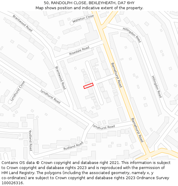 50, RANDOLPH CLOSE, BEXLEYHEATH, DA7 6HY: Location map and indicative extent of plot