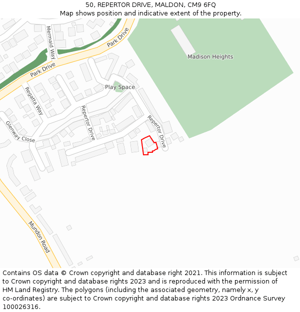50, REPERTOR DRIVE, MALDON, CM9 6FQ: Location map and indicative extent of plot