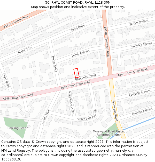 50, RHYL COAST ROAD, RHYL, LL18 3PN: Location map and indicative extent of plot